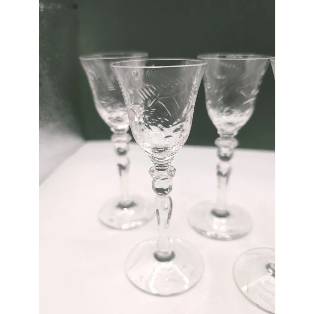 Set of 5 Vintage Etched Crystal Cordial Glasses